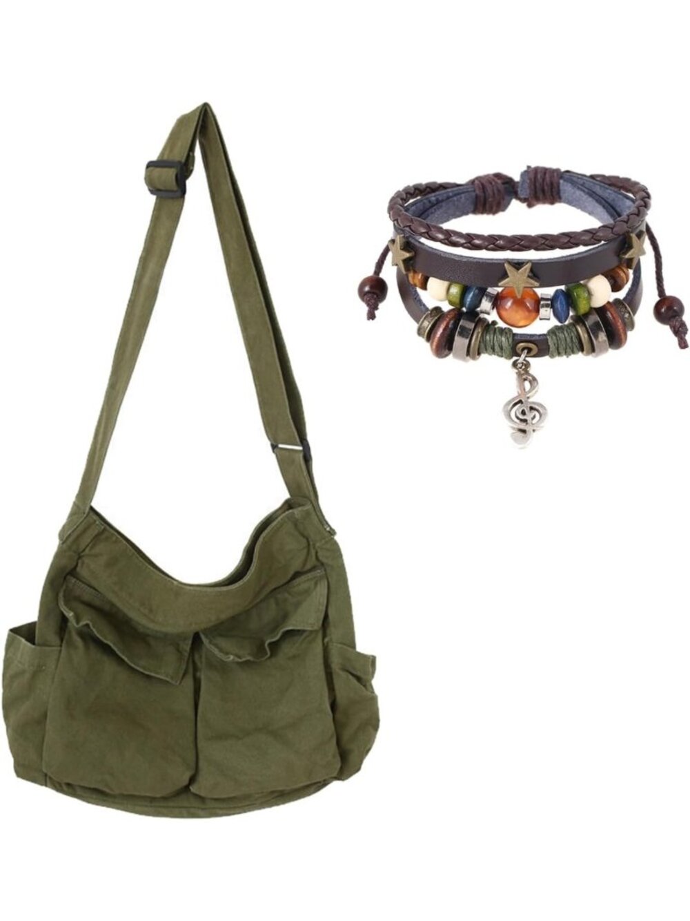Stylish Canvas Messenger Bag & Fairy Grunge Bracelet Set | Hobo Crossbody for